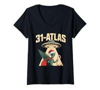 Mujer 3I Atlas Santa Hat Alien UFO Christmas Tree Lights Cryptid Camiseta Cuello V