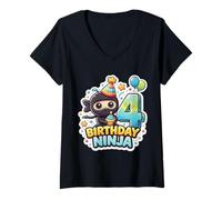 Mujer 4 años cumpleaños Ninja Boys Four 4th Fourth Kids Party Camiseta Cuello V