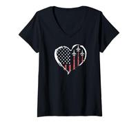 Mujer 4 de julio American Patriotic Fighter Jets USA Flag Heart Camiseta Cuello V