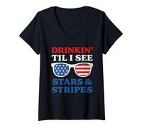 Mujer 4 de julio Drinkin Tell I see Stars Vintage USA Gafas de sol Camiseta Cuello V