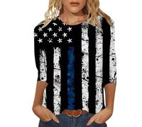 Mujer 4 de julio Estampado de rayas de estrellas Mangas 3/4 Cuello Redondo Camisas Patrióticas Tops de vacaciones Suéter a rayas, Negro , XXL