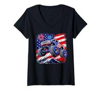 Mujer 4 de Julio Monster Truck Bandera de Estados Unidos para niños pequeños Camiseta Cuello V