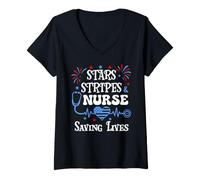 Mujer 4th of July Nurse Funny Scrub Stars Stripes and Saving Lives Camiseta Cuello V