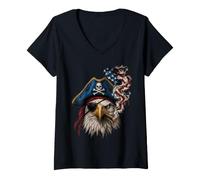 Mujer 4th of July Smoking Pirate Eagle USA Flag Camiseta Cuello V