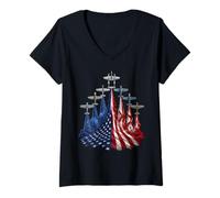 Mujer 4th of July Warbirds Fighter Planes American Aircraft Flag Camiseta Cuello V