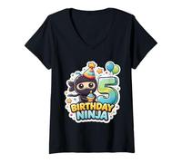 Mujer 5 años cumpleaños Ninja Boys Five 5th Fifth Kids Party Fun Camiseta Cuello V