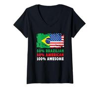 Mujer 50% Half Brazilian Half American 100% Awesome Brazil Flag Camiseta Cuello V