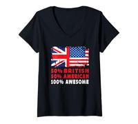 Mujer 50% Half British Half American 100% Awesome UK Flag Camiseta Cuello V