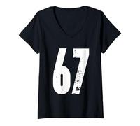 Mujer 67 Diseño gráfico de números atrevidos envejecidos Camiseta Cuello V