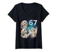Mujer 67 Meme Shih Tzu Syol Aullando a la Luna Seis Siete Camiseta Cuello V