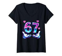 Mujer 67 Seis Siete Meme Gen Z Argot Alfa 6 7 Manos Divertido Vday Camiseta Cuello V
