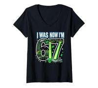 Mujer 7º cumpleaños tenía 6 años Ahora Soy 7 Six Seven 67 Space Alien UFO Camiseta Cuello V