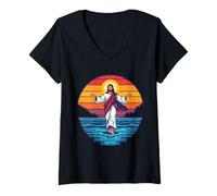 Mujer 8-bit Jesús Caminando sobre el Agua Pixel Art Retro Christian Gamer Camiseta Cuello V