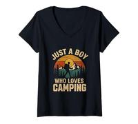 Mujer A Boy Who Loves Camping Retro Vintage Nature Hiker Hombres Niños Camiseta Cuello V