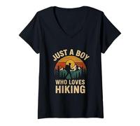 Mujer A Boy Who Loves Hiking Retro Vintage Nature Camper Hombres Niños Camiseta Cuello V