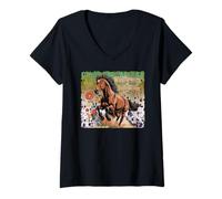 Mujer A caballo flores silvestres caballos Camiseta Cuello V
