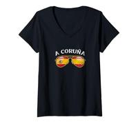 Mujer A Coruna Spain Vintage Flag Sunglasses Design Camiseta Cuello V