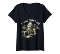 Mujer A Cthulhu me Encanta Hacer Manualidades, el Terror lovecraftiano cosiendo a Cthulhu Camiseta Cuello V