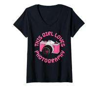 Mujer A esta chica le encanta la fotografía, fotógrafa, cámara Camiseta Cuello V