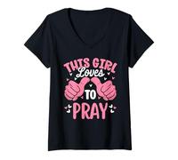 Mujer A Esta Chica le Encanta Orar Fe Divertida Religiosa Camiseta Cuello V
