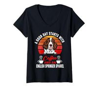 Mujer A Good Day Starts with Coffee and English Springer Spaniel Camiseta Cuello V