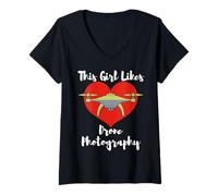 Mujer A la Chica le Gusta la fotografía con Drones Fotógrafo aéreo Camiseta Cuello V