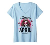 Mujer A Queen Was Born April Feliz Cumpleaños Linda Mujer Divertido Cumpleaños Camiseta Cuello V