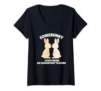 Mujer A Somebunny le Encanta ser un Conejito de Pascua de Maestro de Primaria Camiseta Cuello V