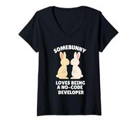 Mujer A Somebunny le Encanta ser un desarrollador sin código Lindo Conejito de Pascua Camiseta Cuello V