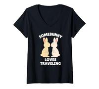 Mujer A Somebunny le Encanta Viajar Conejo de Pascua Viajero Wanderlust Camiseta Cuello V