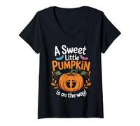 Mujer A Sweet Little Pumpkin On The Way Halloween Pregnancy Gender Camiseta Cuello V