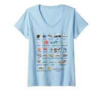 Mujer A-Z Ocean Life Alfabeto Criaturas Marinas Exploración Camiseta Cuello V