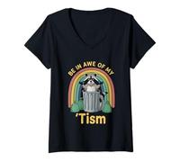 Mujer Abalorio arcoíris Be In Awe of My 'Tism Raccoon Camiseta Cuello V