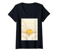 Mujer Abanico Beige y Dorado en Elegante Estilo Art Deco Retro de los años 20 Camiseta Cuello V