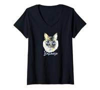 Mujer Abanico de Raza de Gato balinés Elegante Arte felino Camiseta Cuello V