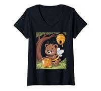 Mujer Abeja trabajadora, Oso, Colmena, Miel, árbol, Bosque Camiseta Cuello V