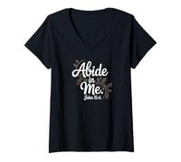 Mujer Abide in Me John 15:4 Diseño de Escrituras de fe cristiana Camiseta Cuello V