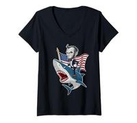 Mujer Abraham Lincoln Riding A Shark - Gráfico patriótico del 4 de Julio Camiseta Cuello V