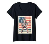 Mujer Abraham Lincoln Rock Star USA Flag Guitarrista Camiseta Cuello V
