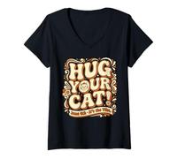 Mujer Abraza a tu Gato 4 de Junio Retro Groovy Cat Day Feline Lover Camiseta Cuello V
