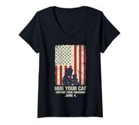 Mujer Abraza a tu Gato y defiende la Libertad 4 de Junio, Bandera de Estados Unidos, Amante de los Gatos Camiseta Cuello V
