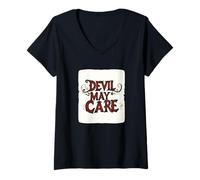 Mujer Abraza el borde con este emblema de Devil May Care Camiseta Cuello V