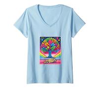 Mujer Abraza la Diversidad Autismo Conciencia árbol Rompecabezas Arco Iris Camiseta Cuello V
