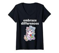 Mujer Abraza Las diferencias Conciencia sobre el Autismo Niños Inclusión de Maestros Camiseta Cuello V