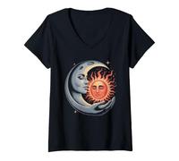 Mujer Abrazo Celestial del Sol y la Luna - Arte de armonía cósmica mística Camiseta Cuello V