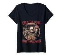 Mujer Abrir la Puerta Feliz Halloween Monstruos Truco Tratar Camiseta Cuello V