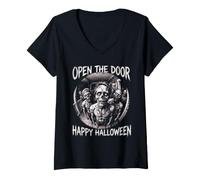 Mujer Abrir la Puerta Feliz Halloween Zombie no-Muerto Camiseta Cuello V