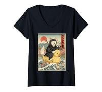 Mujer Abruzzenhund Ninja Japón Vintage Japonés Ukiyo-e Arte Camiseta Cuello V