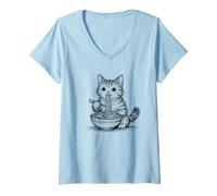 Mujer Abstracto Gato Ramen Bosquejo Gatito Garabatos Arte Minimalista Camiseta Cuello V