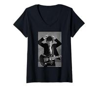 Mujer AC DC Rock Icon Blanco Y Negro Guitarra Pose Camiseta Cuello V